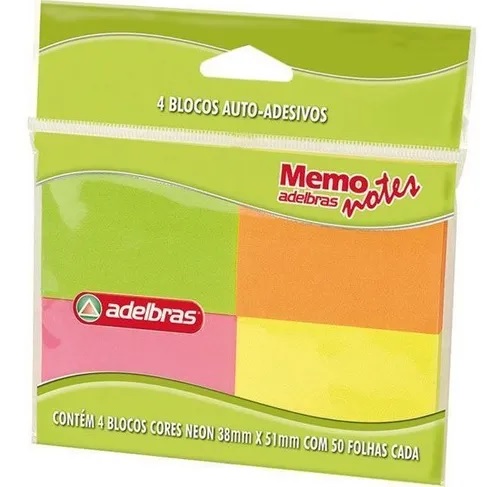 BLOCO ADESIVO 38X51 ADELBRAS 50FLS 4 CORES NEON
