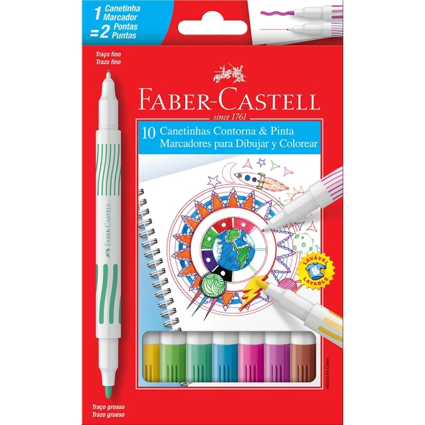 CANETA HIDROGRAFICA 10 CORES CONTORNA E PINTA FABER