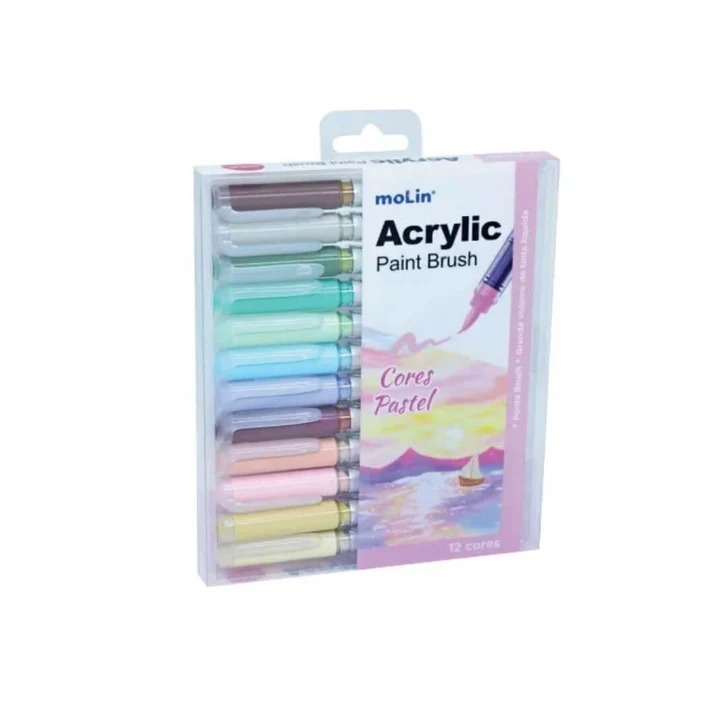 MARCADOR ACRYLIC BRUSH MOLIN CORES PASTEIS 12 CORES