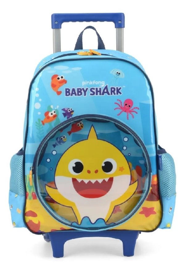MOCHILA COM RODAS LUXCEL BABY SHARK AZUL CLARO
