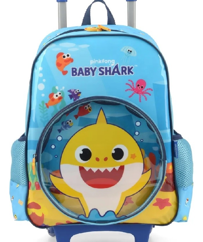 MOCHILA COM RODAS LUXCEL BABY SHARK AZUL CLARO